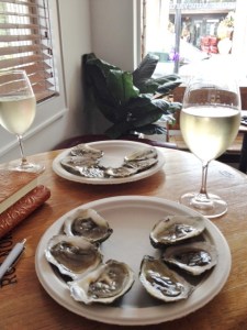 Our oysters, waiting for the lemon to arrive.  I had The Wild!, but I have to admit that my husband's choice of the Sauvignon Blanc was a better match.